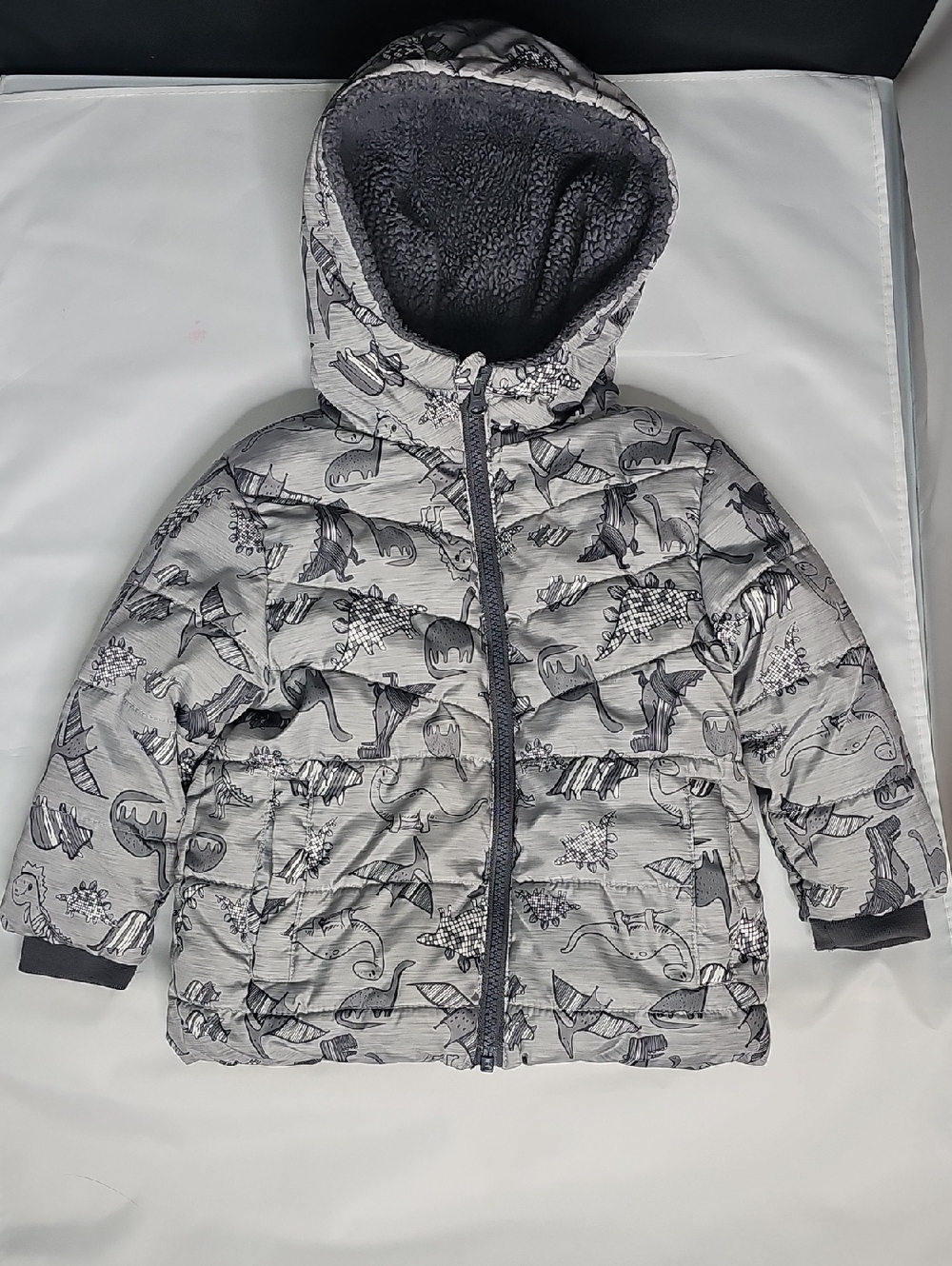 Swiss Tech Gray Dinosaur Print Puffer Jacket with Hood